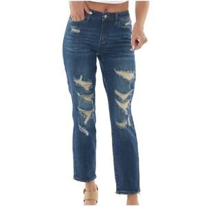 Judy Blue High Rise Destroyed Boyfriend Jeans Dark Wash Raw Hem Sz 7/28 JB88305